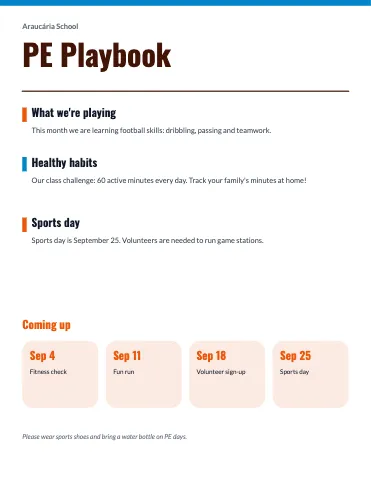 PE & health weekly update class newsletter template