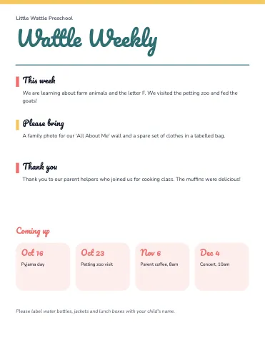 Preschool & Kindergarten weekly update class newsletter template
