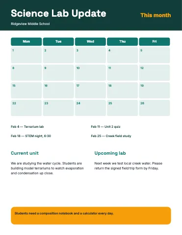 Middle school science monthly calendar newsletter template