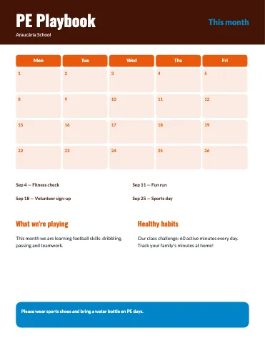 PE & health monthly calendar newsletter template