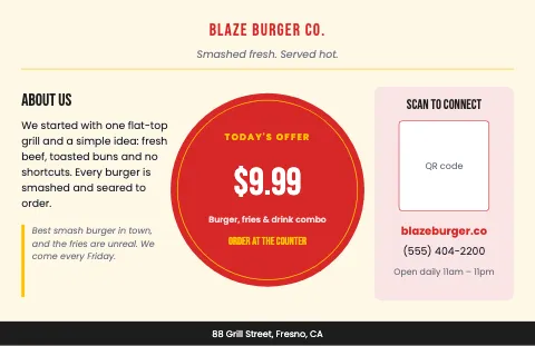 Burger joint about & offer placemat template