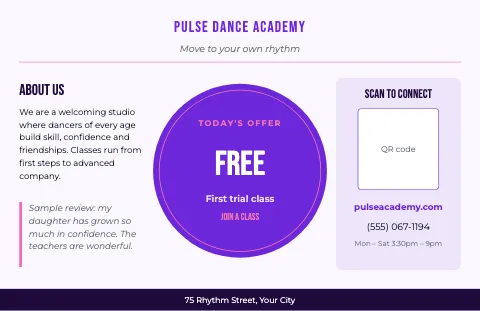 Dance studio about & offer placemat template