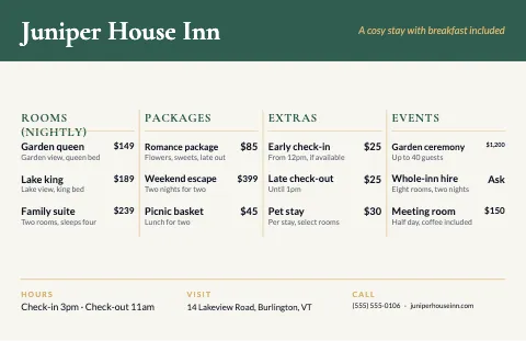 Hotel & B&B four columns placemat template