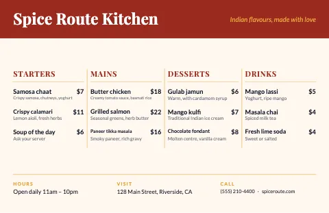 Indian restaurant four columns placemat template