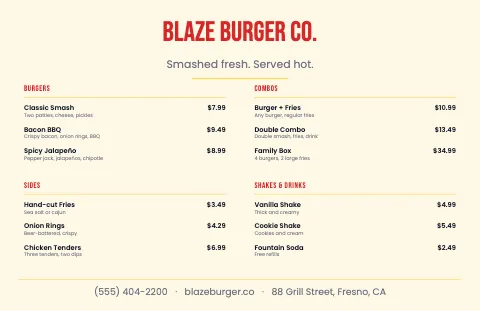 Burger joint menu placemat template