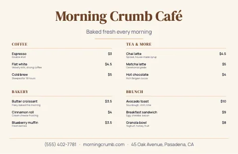 Café & bakery menu placemat template
