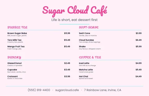 Desserts & boba menu placemat template