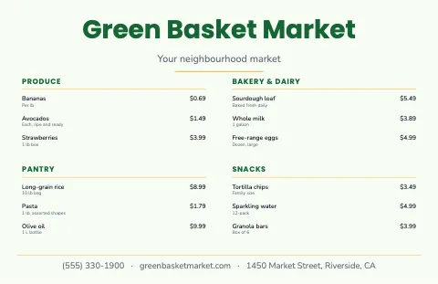 Grocery & market menu placemat template