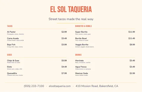 Taqueria menu placemat template