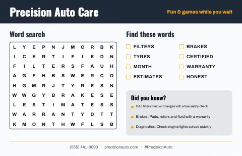 Auto repair word search placemat template