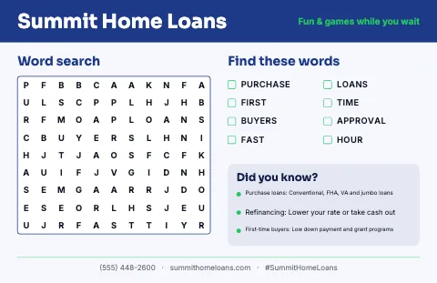 Mortgage & lending word search placemat template