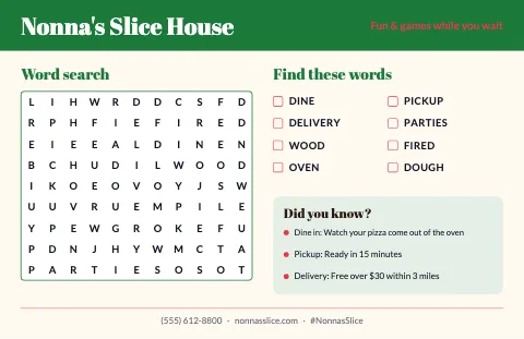 Pizzeria word search placemat template