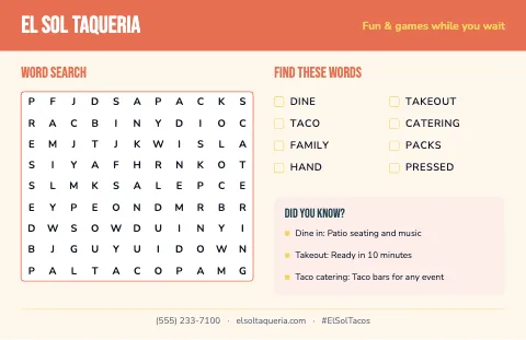 Taqueria word search placemat template
