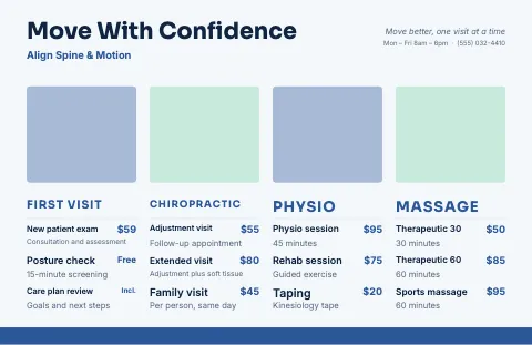Chiropractic & physio menu ribbon placemat template