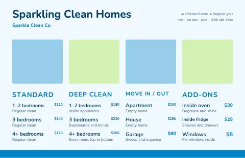 Cleaning services menu ribbon placemat template