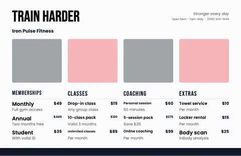 Fitness & gym menu ribbon placemat template