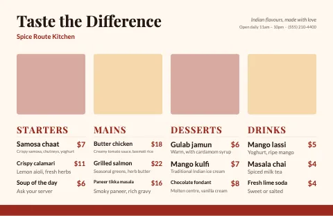 Indian restaurant menu ribbon placemat template