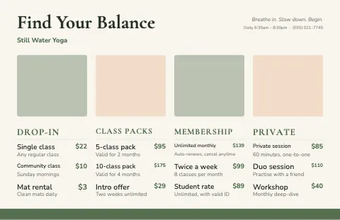 Yoga studio menu ribbon placemat template