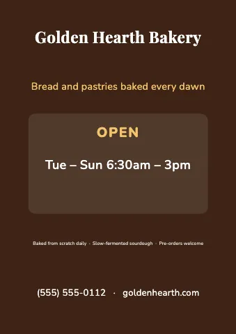 Bakery hours & info sign template