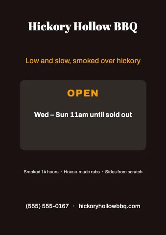BBQ smokehouse hours & info sign template