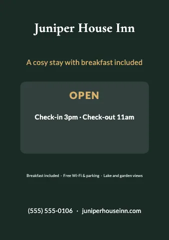 Hotel & B&B hours & info sign template