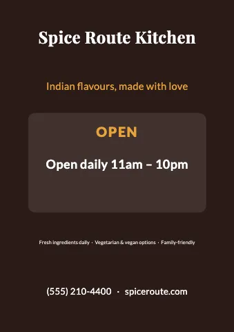 Indian restaurant hours & info sign template