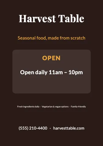Restaurant hours & info sign template