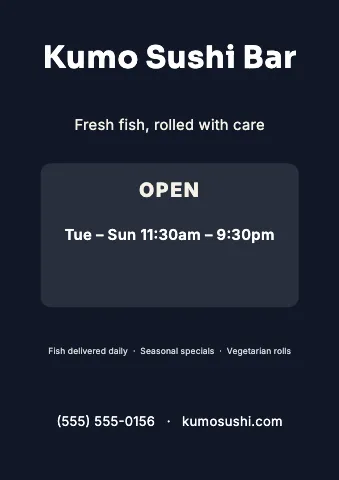 Sushi bar hours & info sign template