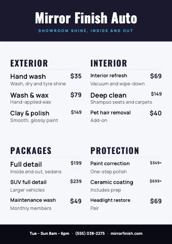 Auto detailing menu poster sign template