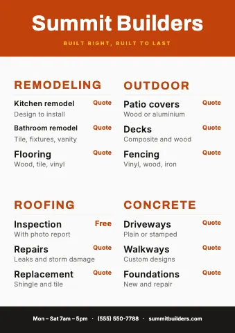 Contractor & construction menu poster sign template