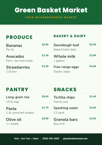 Grocery & market menu poster sign template