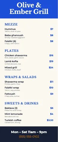 Mediterranean grill menu stand event display template