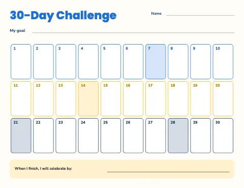 Elementary school 30-day challenge reward chart template