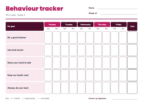 Elementary English behaviour tracker reward chart template