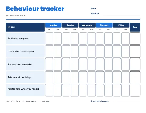 Elementary school behaviour tracker reward chart template