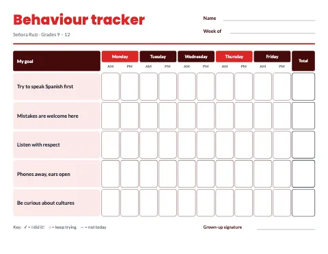 Spanish class behaviour tracker reward chart template