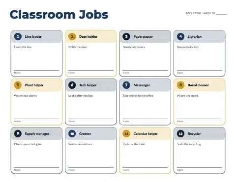 High school classroom jobs reward chart template