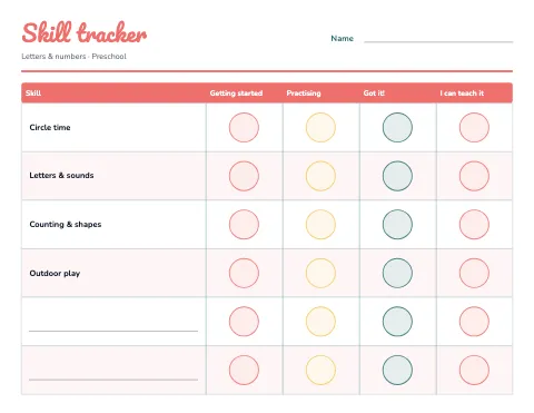 Preschool & Kindergarten skill tracker reward chart template