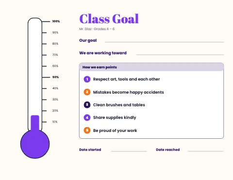 Art & music class goal thermometer reward chart template