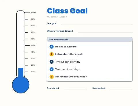Elementary school goal thermometer reward chart template