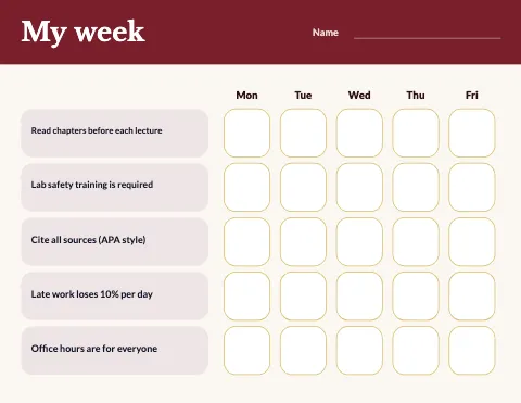 University & college weekly goals chart template