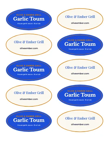 Mediterranean grill oval labels sticker sheet template