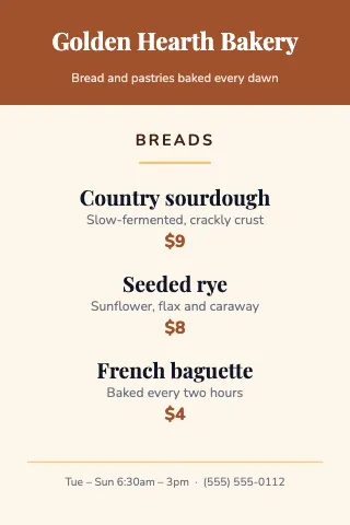 Bakery mini menu table tent template