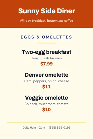 Breakfast diner mini menu table tent template