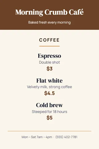 Café & bakery mini menu table tent template