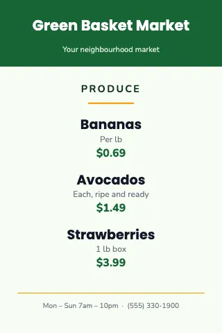 Grocery & market mini menu table tent template