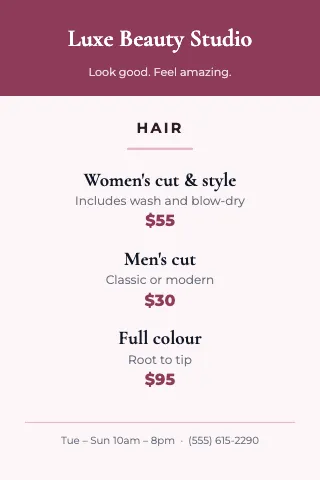 Salon & spa mini menu table tent template