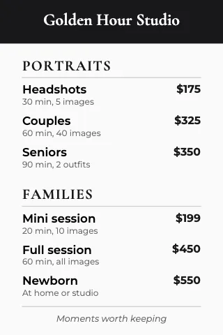 Photography & creative mini menu duo table tent template