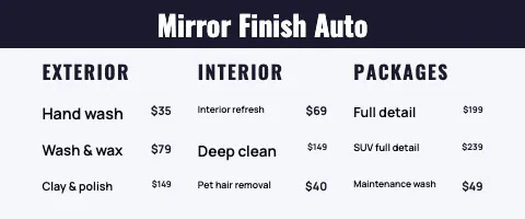 Auto detailing menu front tablecloth template