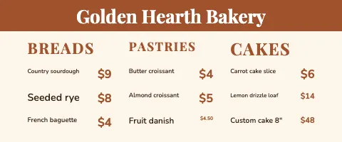 Bakery menu front tablecloth template